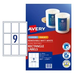 Avery Removable Labels L7108REV 62 x 89mm Rectangle Matte White 9UP 90 Labels