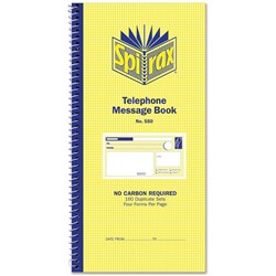 Spirax 550 Telephone Message Book Carbonless 4 Per Page 160 Duplicate Sets Side Opening